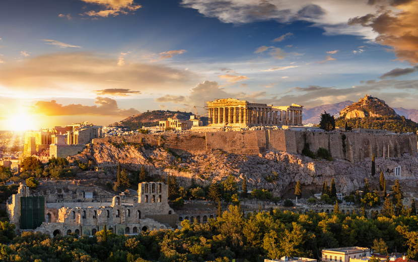 Sonnenuntergang über der Akropolis von Athen mit dem Parthenon, Griechenland