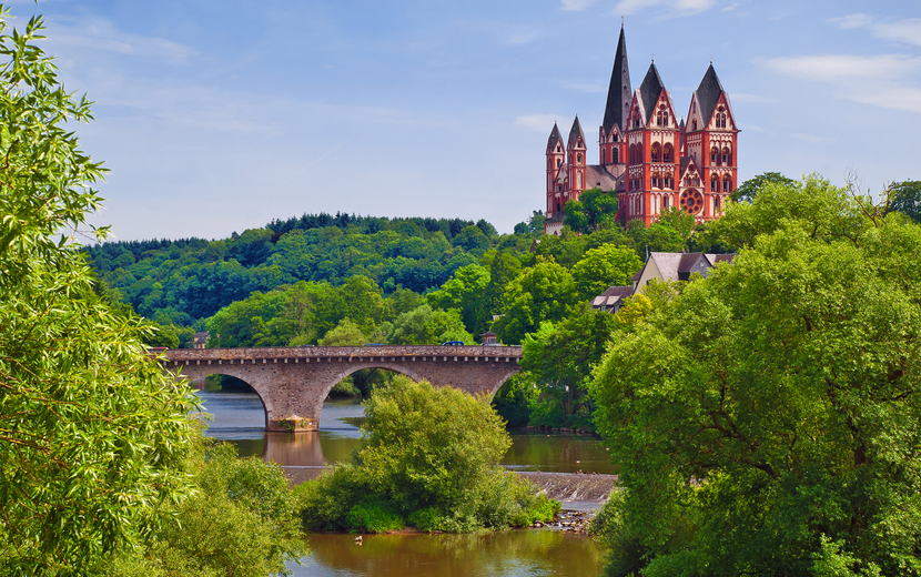 Limburger Dom und Alte Lahnbrücke mit wilder Flusslandschaft