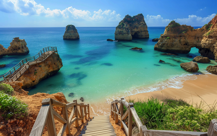 Panoramablick auf einen Algarve-Strand mit goldenen Klippen und türkisfarbenem Wasser
